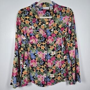 Jaclyn Smith Vibrant Colorful Floral Button Down Blouse Top Womens Size Large